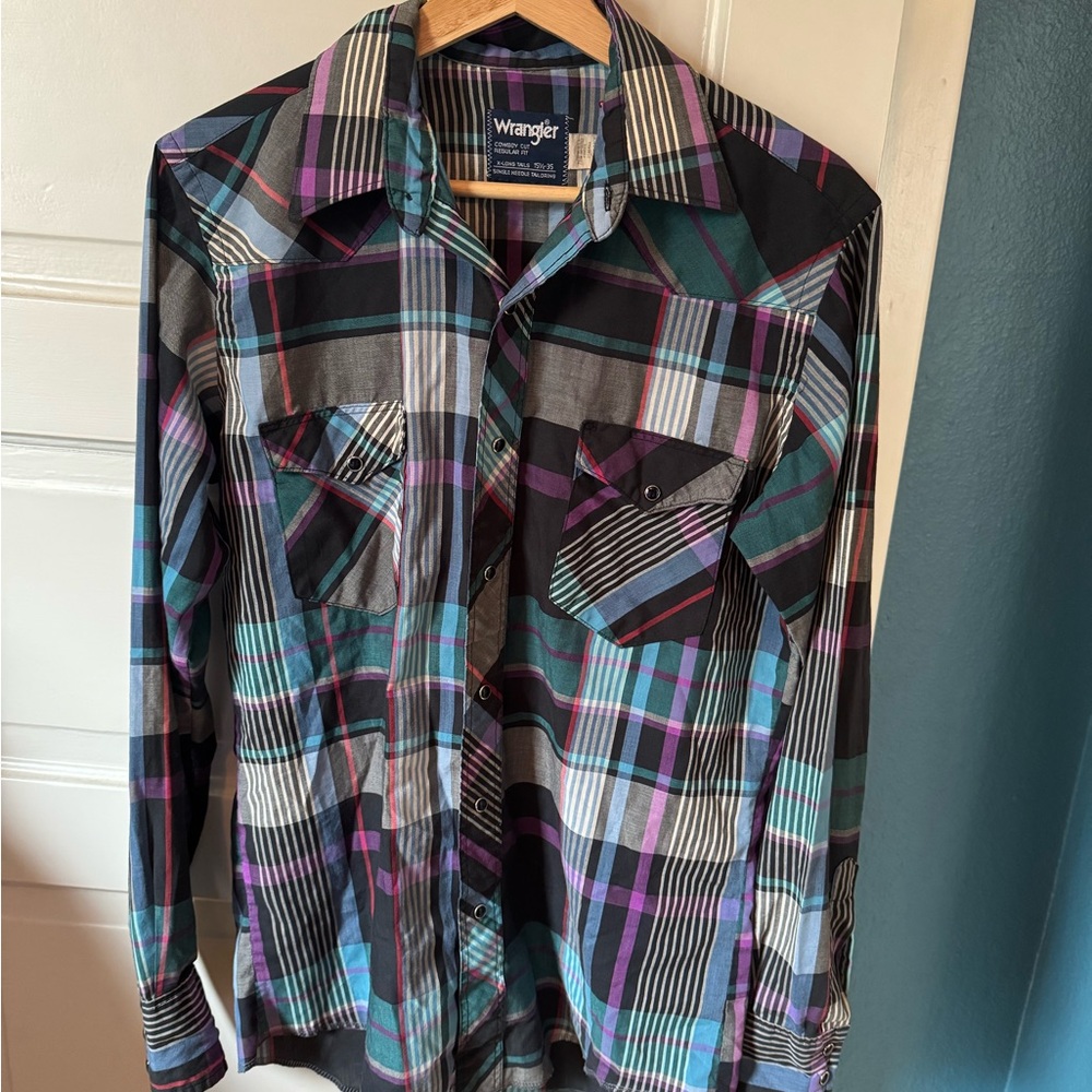 Wrangler Multi-Color Plaid Western Shirt with Teal and Purple Stripes